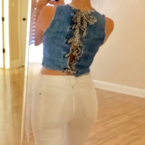 Zara Tops - Adorable denim top with gingham back tie Size S